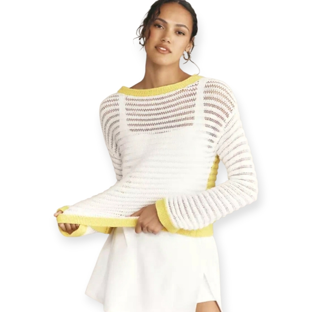 SUNDRY Optic White & Yellow Open Knit Colorblock Sweater Large